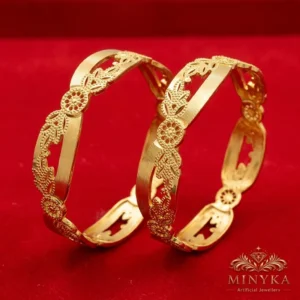 Minyka Premium Gram Gold Finish Floral Designer Bangles Set for Women | Elegant Traditional Kada Pair | Sizes 2.4, 2.6, 2.8 & 2.10