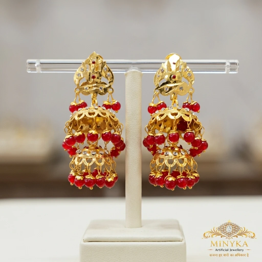 minyka-premium-double-layer-red-beads-jhumka-earrings-big-size